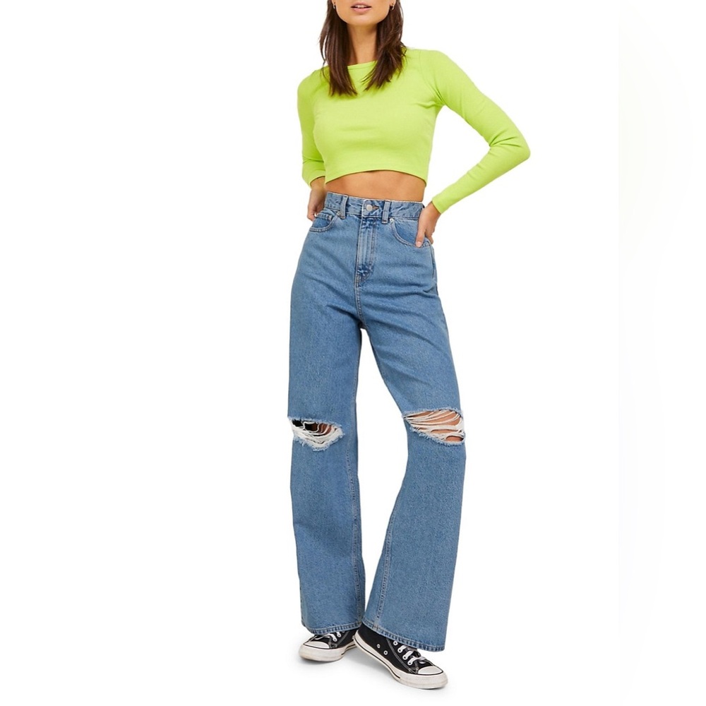 High-Waist Distressed Knee Wide Jeans - Picture 1 of 5